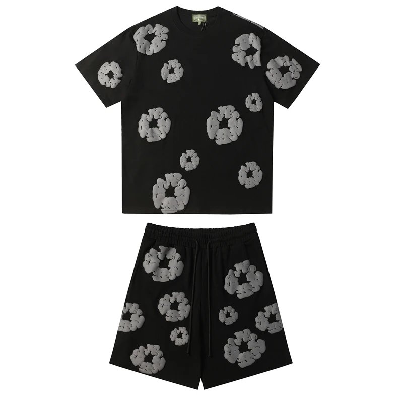 Denim Tears Cotton Wreath Tee and Shorts Set Black Grey