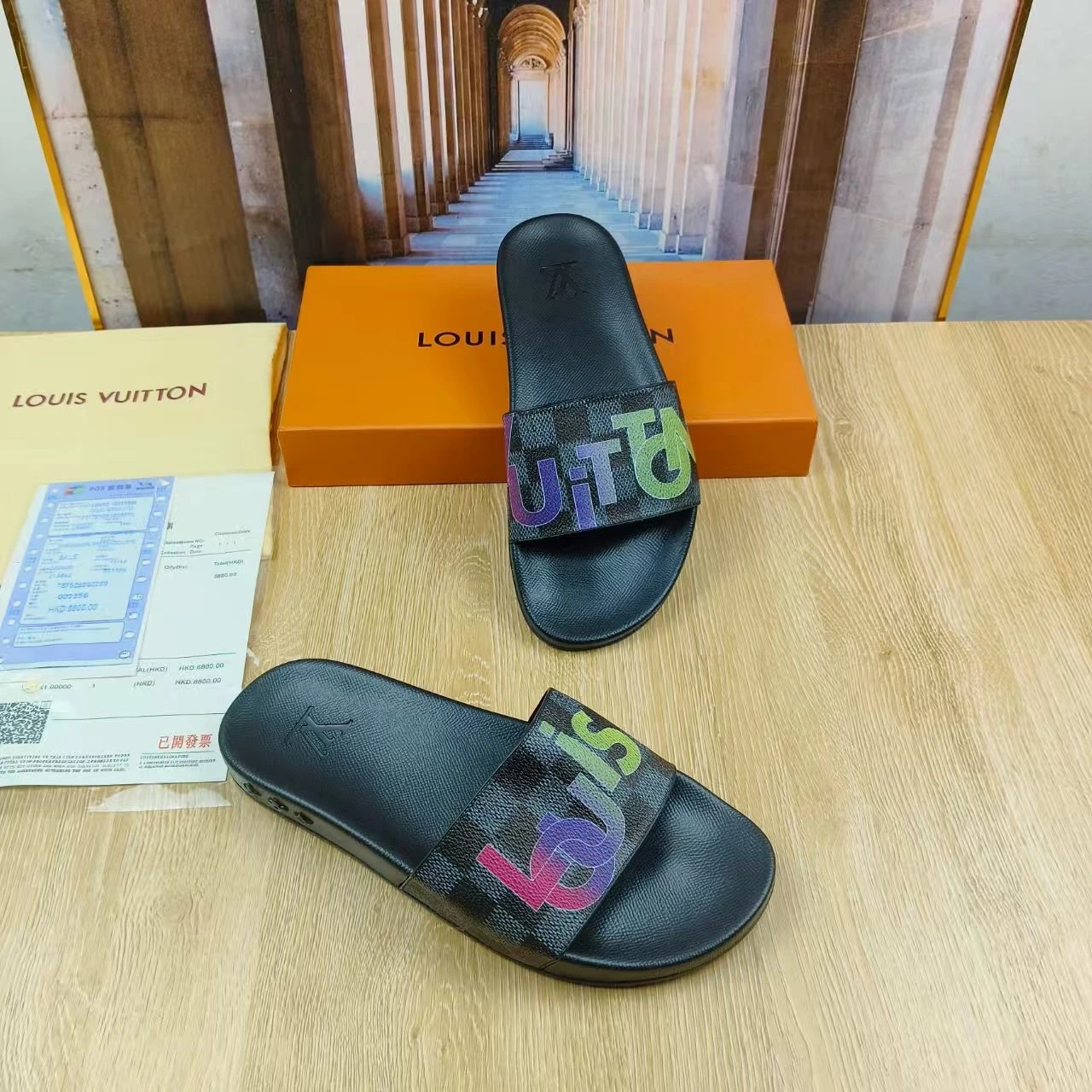 Louis Vuitton Waterfront Mule Slides Black Rainbow