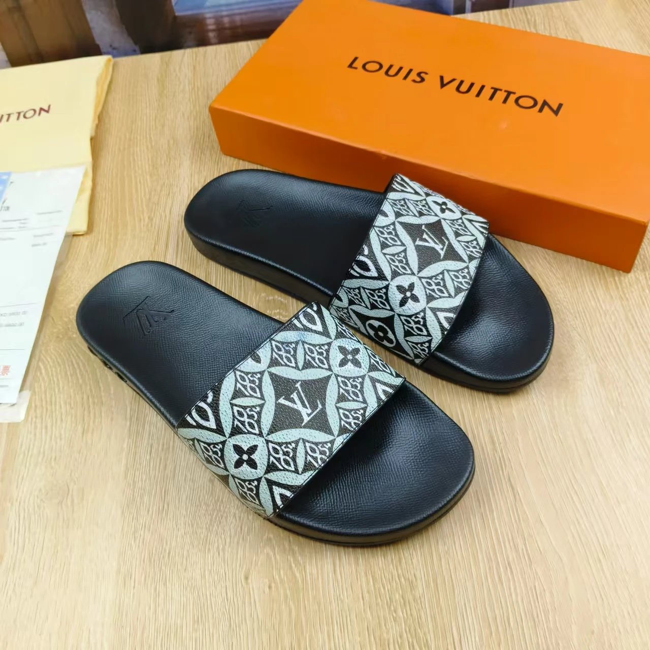Louis Vuitton Waterfront Mule Monogram Black White Slides