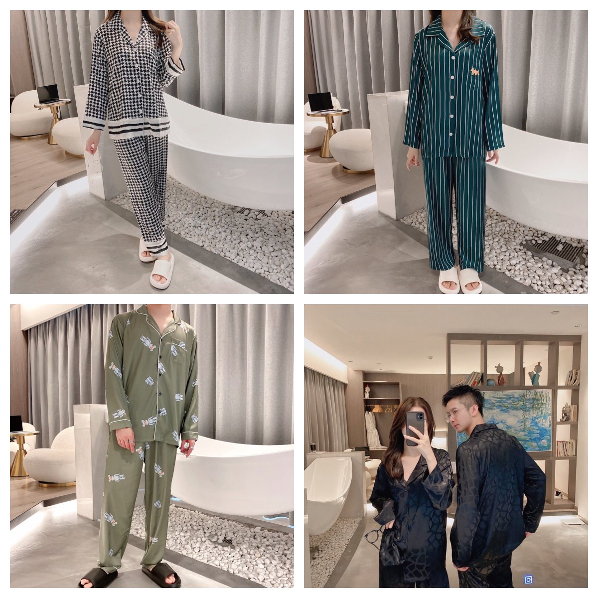 Four-Piece Pajama Set: Houndstooth, Striped, Green Print, and Black Lace Designs