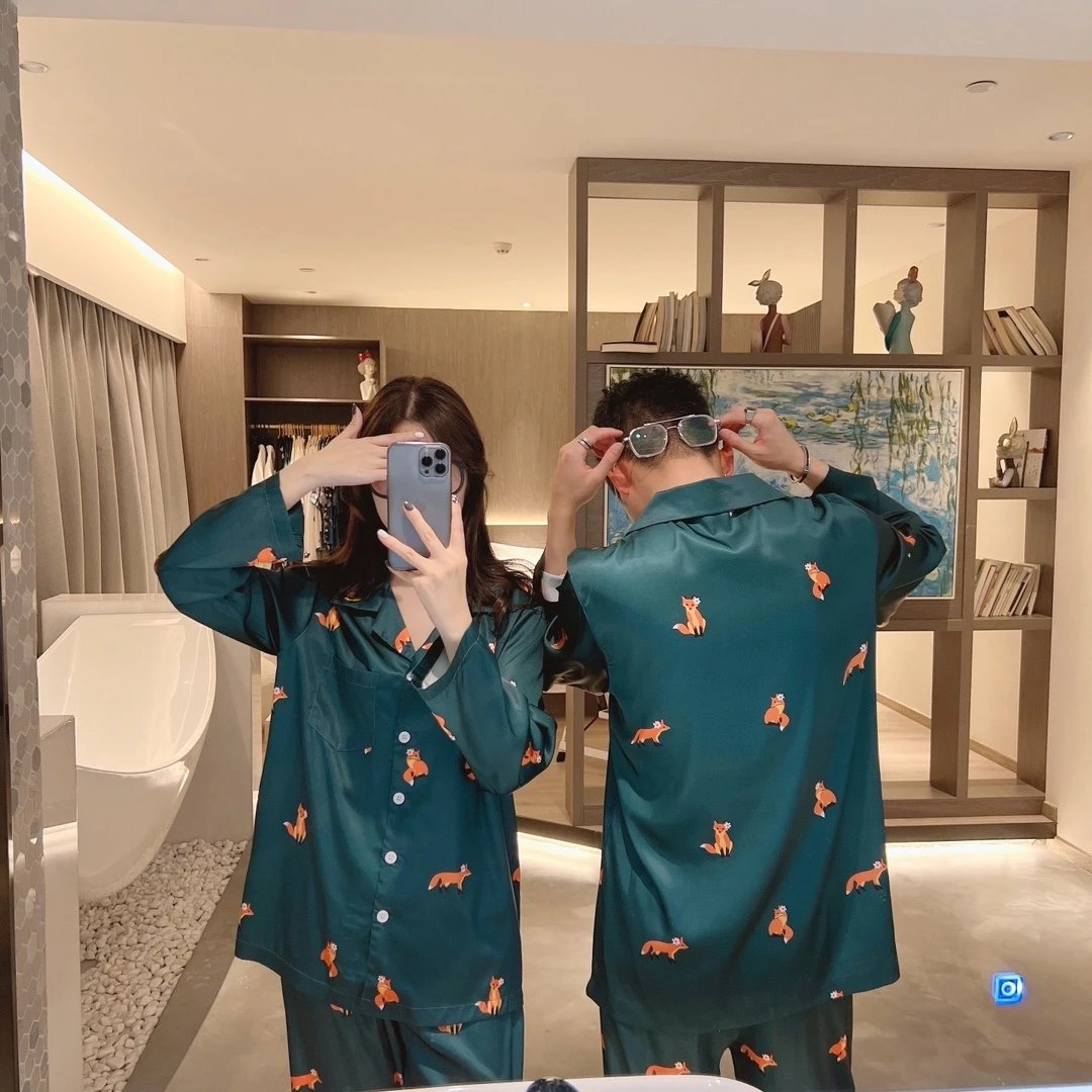 Fox Print Satin Sleepwear Set Teal Sleepwear