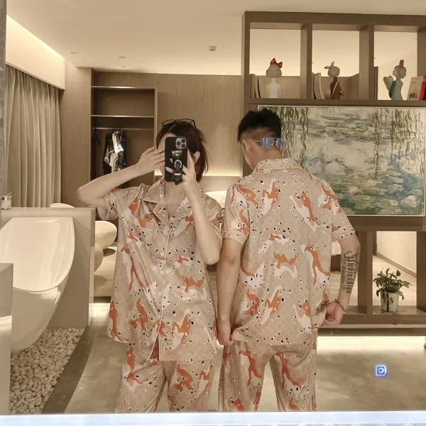 Design Camouflage Print Silk Pajama Set Beige Orange Multicolor Sleepwear - 1