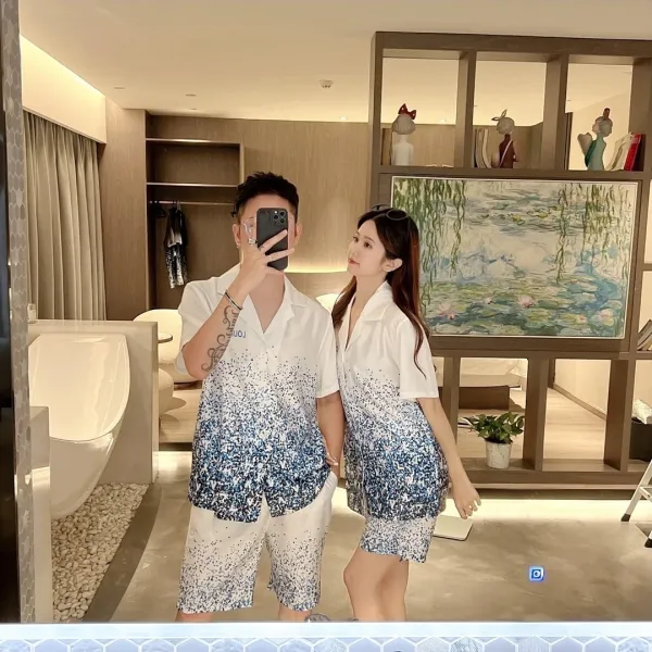 Design Gradient Print Matching Sleepwear Set White Blue Multicolor - 1