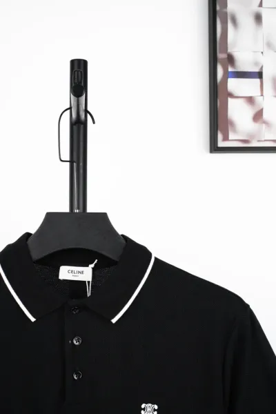 Celine Triomphe Logo Black Polo with White Trim Polo Shirt - 9