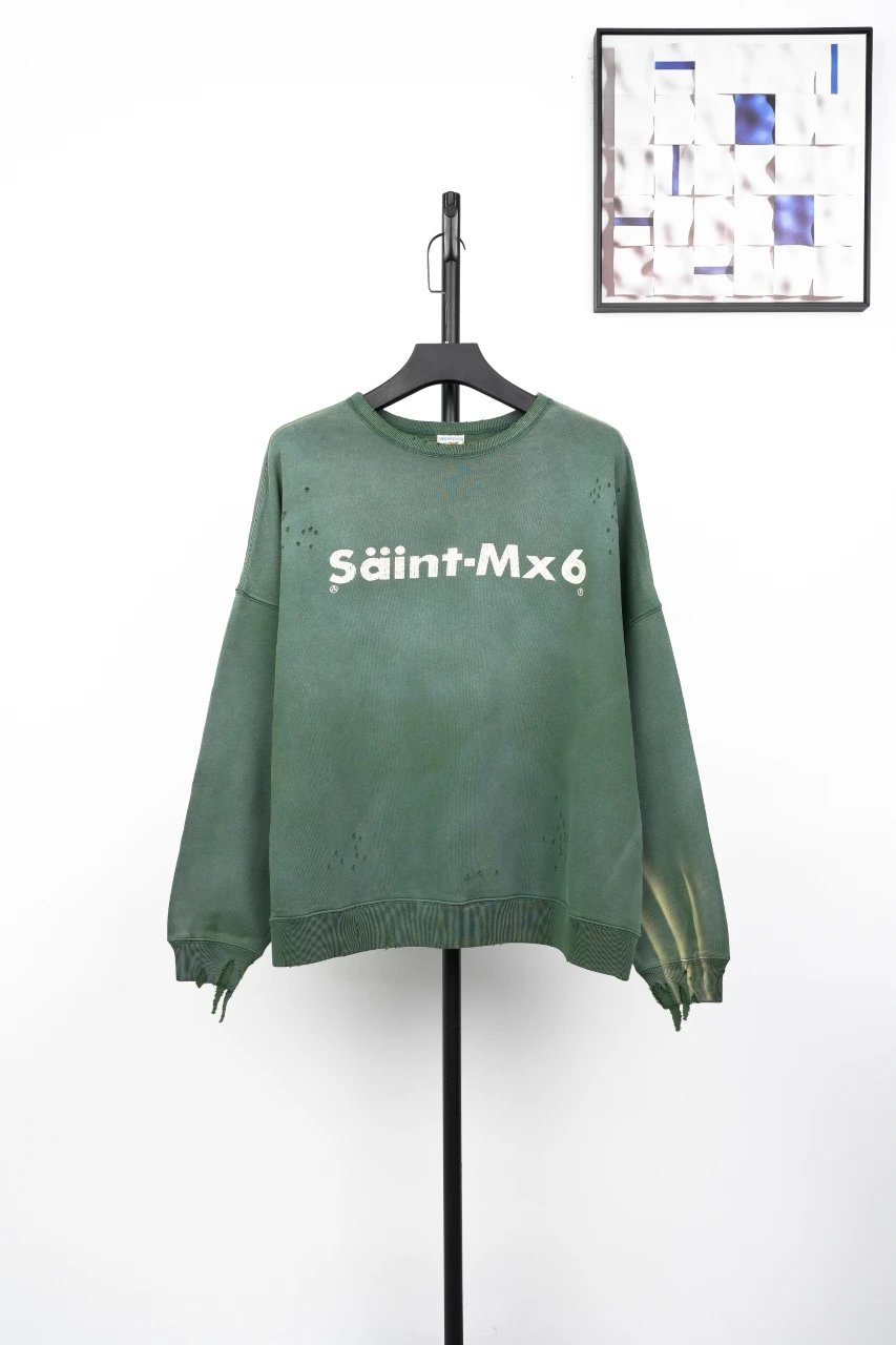 Design Saint-Mx6 Distressed Oversized Sweatshirt Olive Green Hoodie - 4