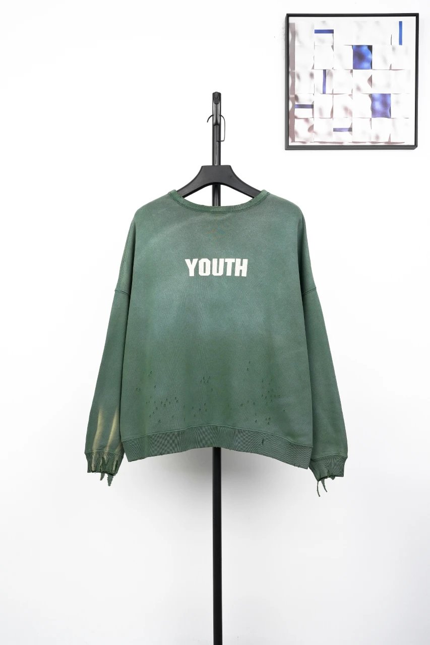 Design Saint-Mx6 Distressed Oversized Sweatshirt Olive Green Hoodie - 5