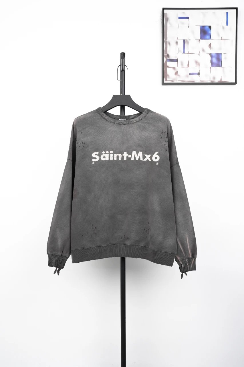 Design Saint-Mx6 Distressed Oversized Sweatshirt Olive Green Hoodie - 13