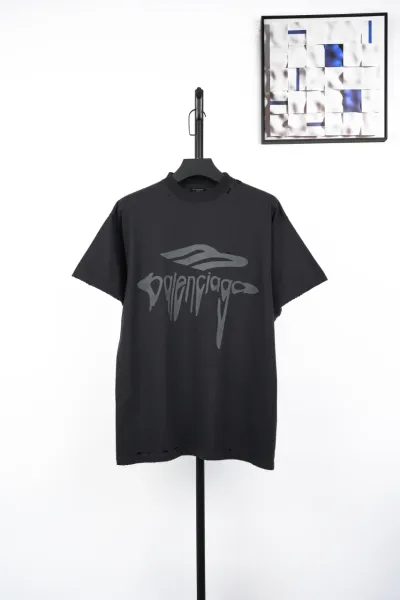 Balenciaga Distressed Logo Print Black T-Shirt - 1