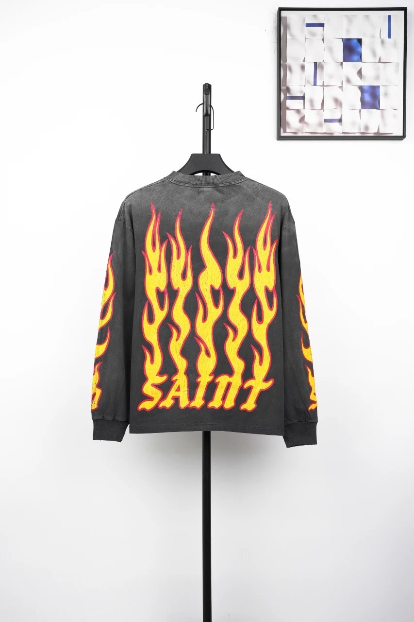 Design Soul On Fire Flame Print Long Sleeve T-Shirt Black - 10