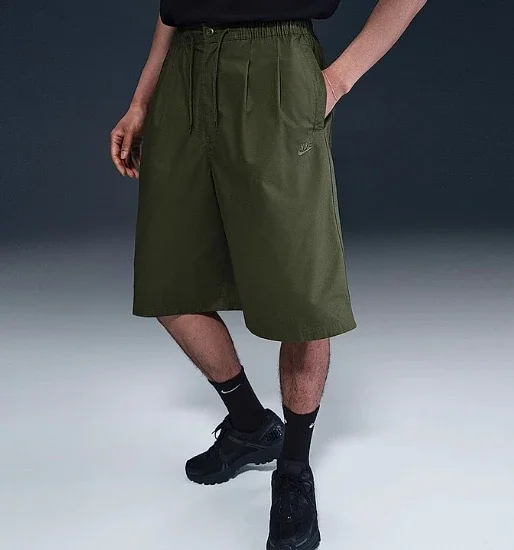 Nike Military Green Pleated Wide-Leg Casual Bermuda Shorts - rep szorty