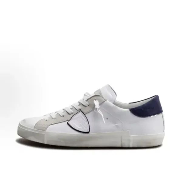 Philipp Plein Distressed White Leather Sneakers with Blue Heel Tab - 6