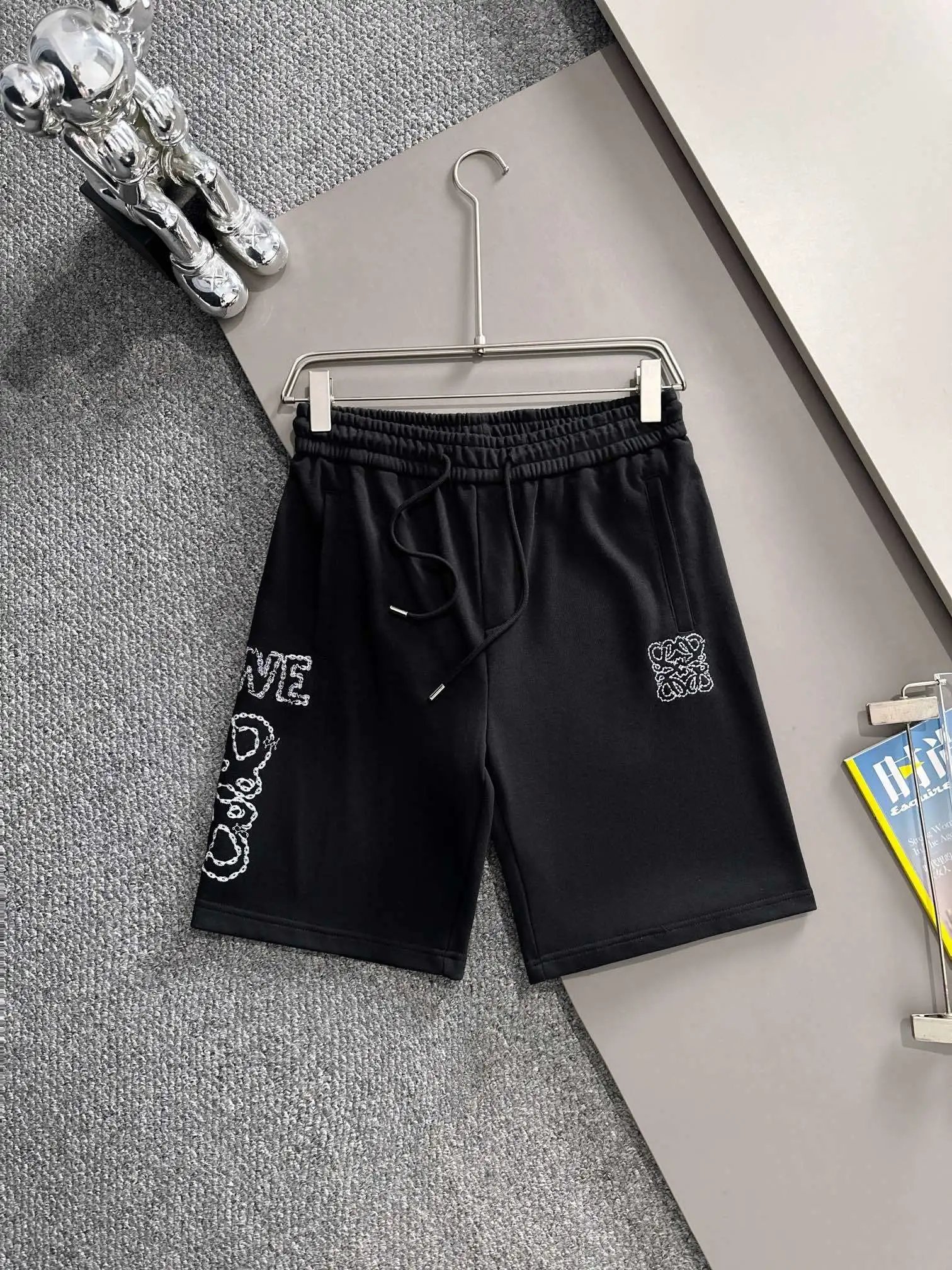 Loewe Chain Logo Embroidered Black Sweat Shorts