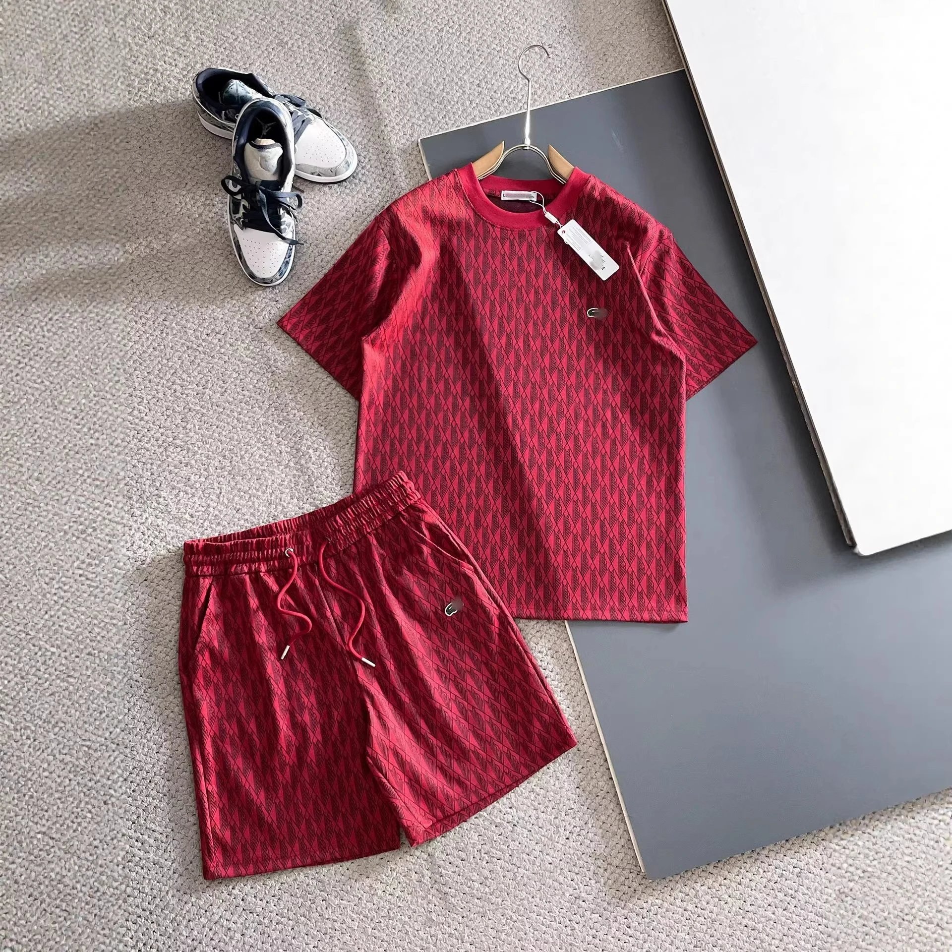 Lacoste Monogram Print Gray T-Shirt and Shorts Set - 14