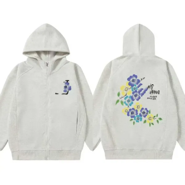 HAN Floral Embroidery Zip-Up Hoodie Gray - 1