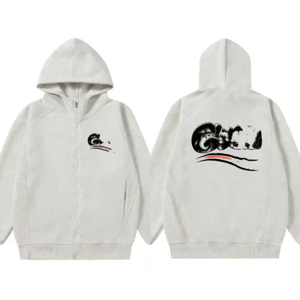Design Graphic Print Zip-Up Hoodie Gray - 1