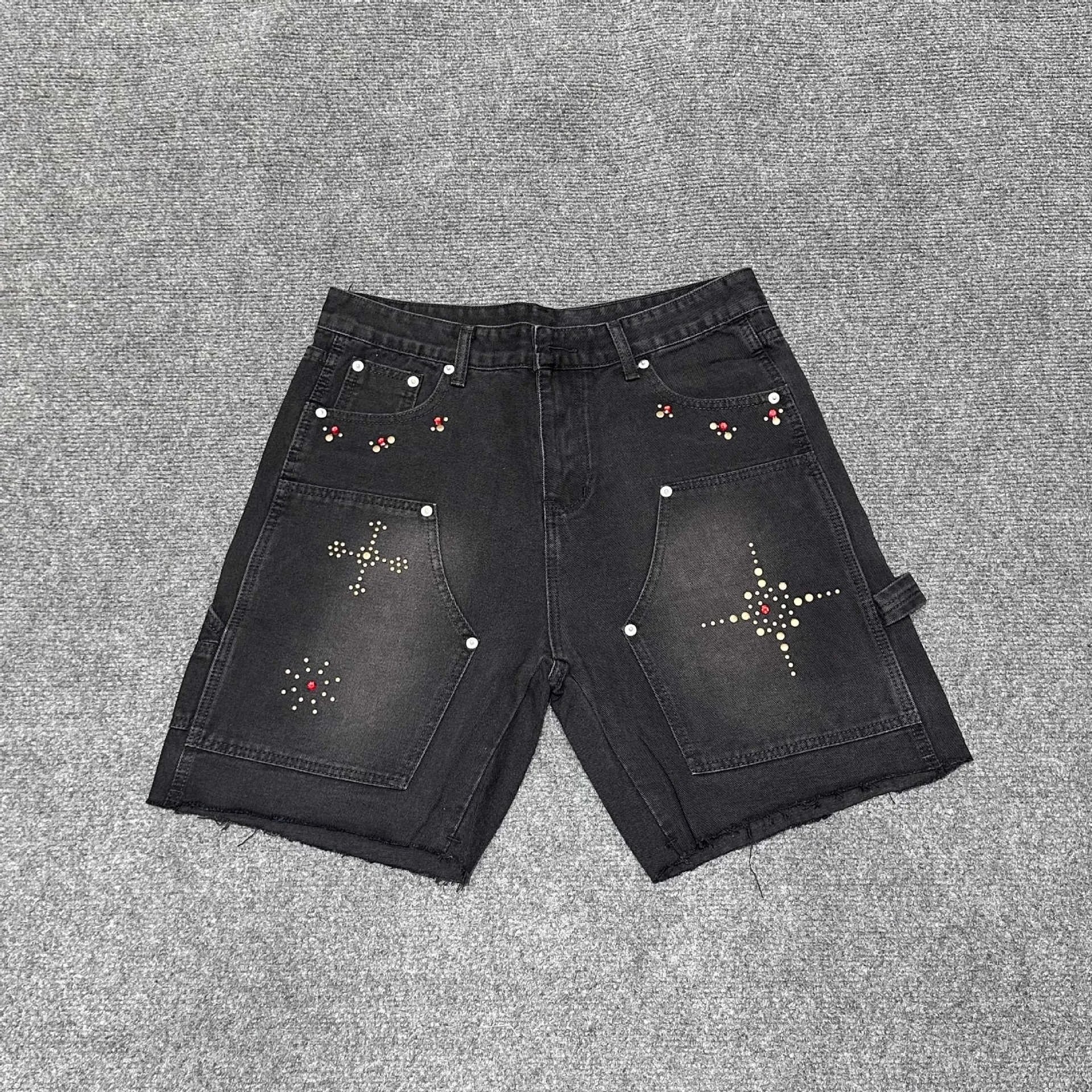 Design Cargo Shorts with Rhinestone Floral Embellishment Denim Shorts - 13