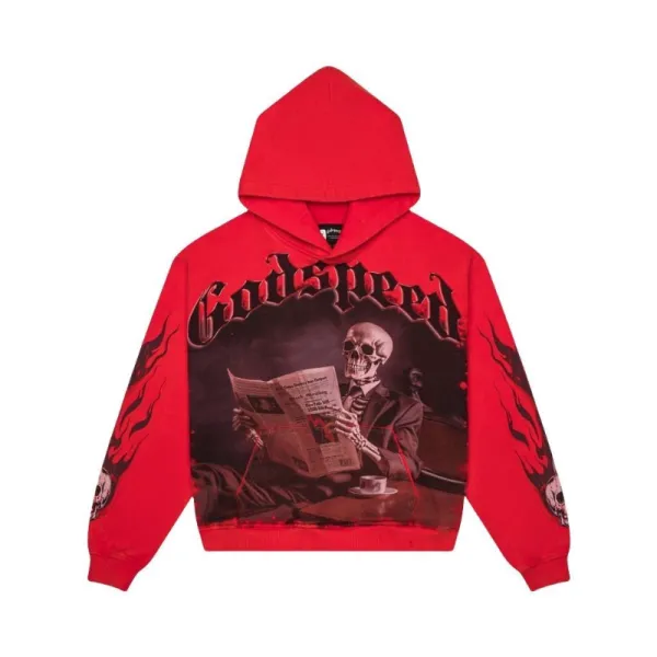 Godspeed Skull Newspaper Print Red Hoodie - 1