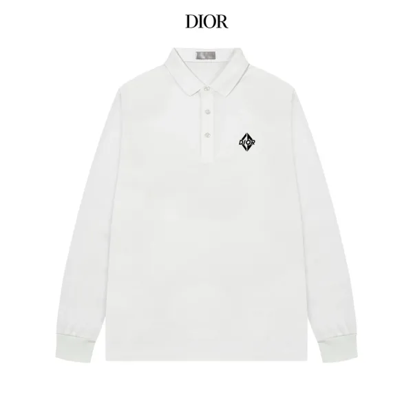 Dior Diamond Logo Long-Sleeve Polo White Tops Polo - 1