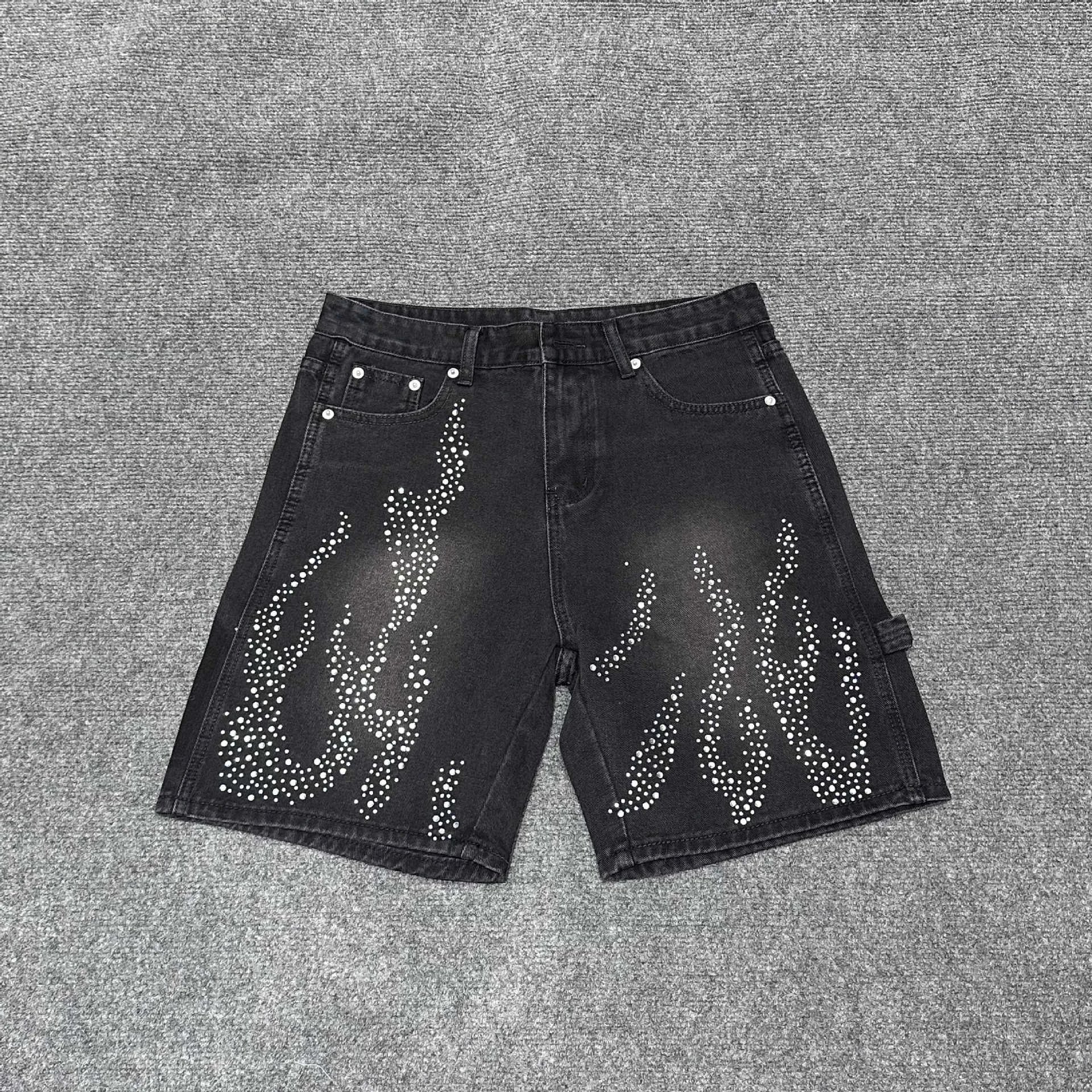 Design Cargo Shorts with Rhinestone Floral Embellishment Denim Shorts - 12