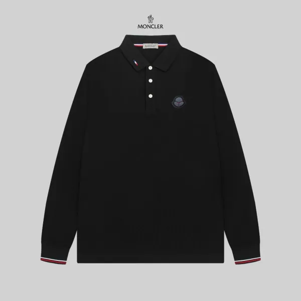 Moncler Logo-Embroidered Black Long-Sleeve Polo Tops Polo - 1