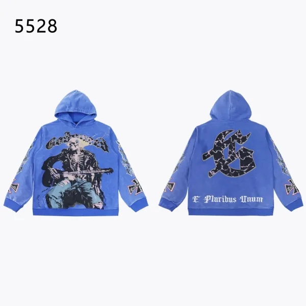 Art That Kills Skeleton Guitarist Blue Acid Wash Hoodie - 1