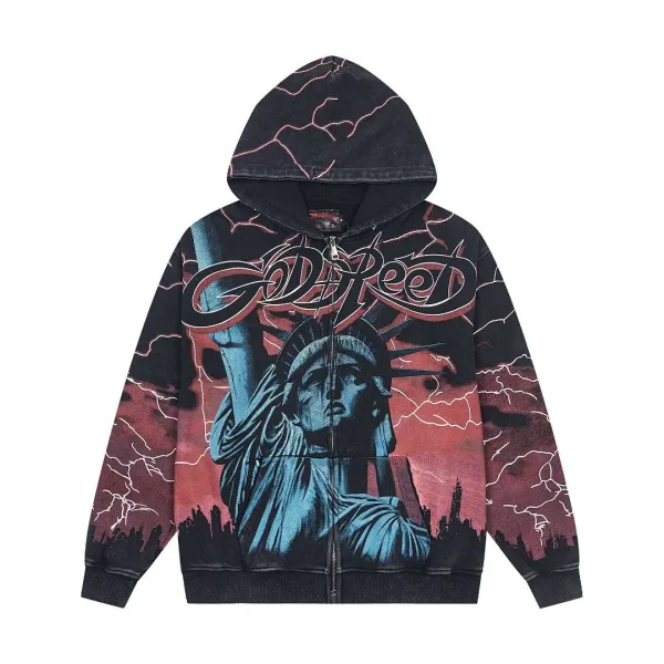 Godspeed Statue of Liberty Lightning Print Zip-Up Hoodie - 1