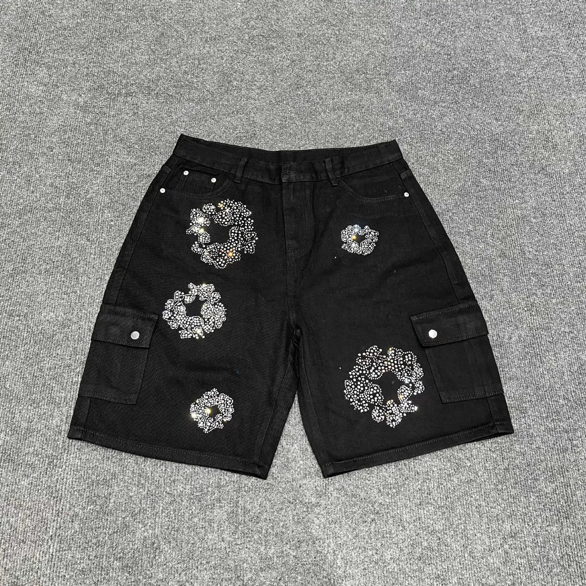 Design Cargo Shorts with Rhinestone Floral Embellishment Denim Shorts - 8
