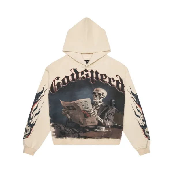 Godspeed Skull Newspaper Print Hoodie Beige - 1