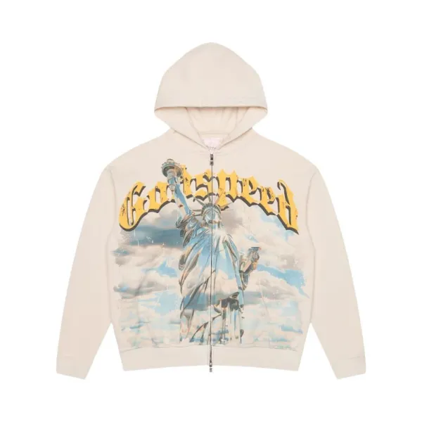 Godspeed Statue of Liberty Graphic Zip-Up Hoodie Beige - 1