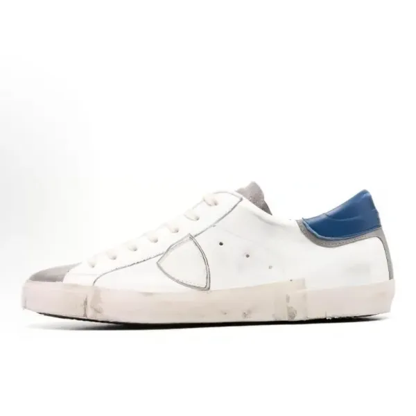 Philipp Plein Distressed White Leather Sneakers with Blue Heel Tab - 15