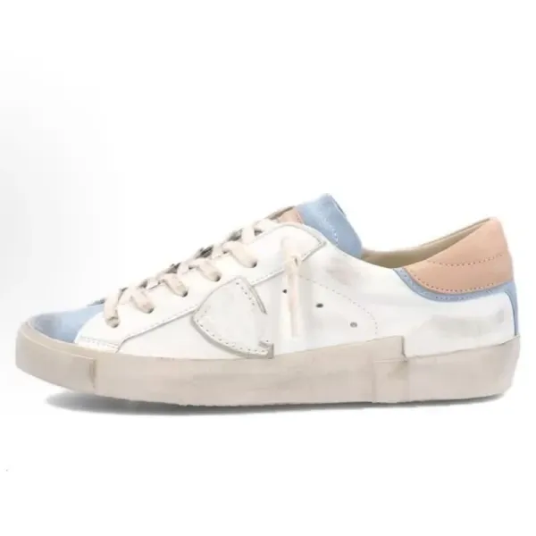 Philipp Plein Distressed White Leather Sneakers with Blue Heel Tab - 14