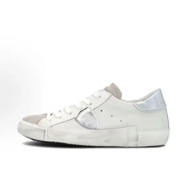 Philipp Plein Distressed White Leather Sneakers with Blue Heel Tab - 10