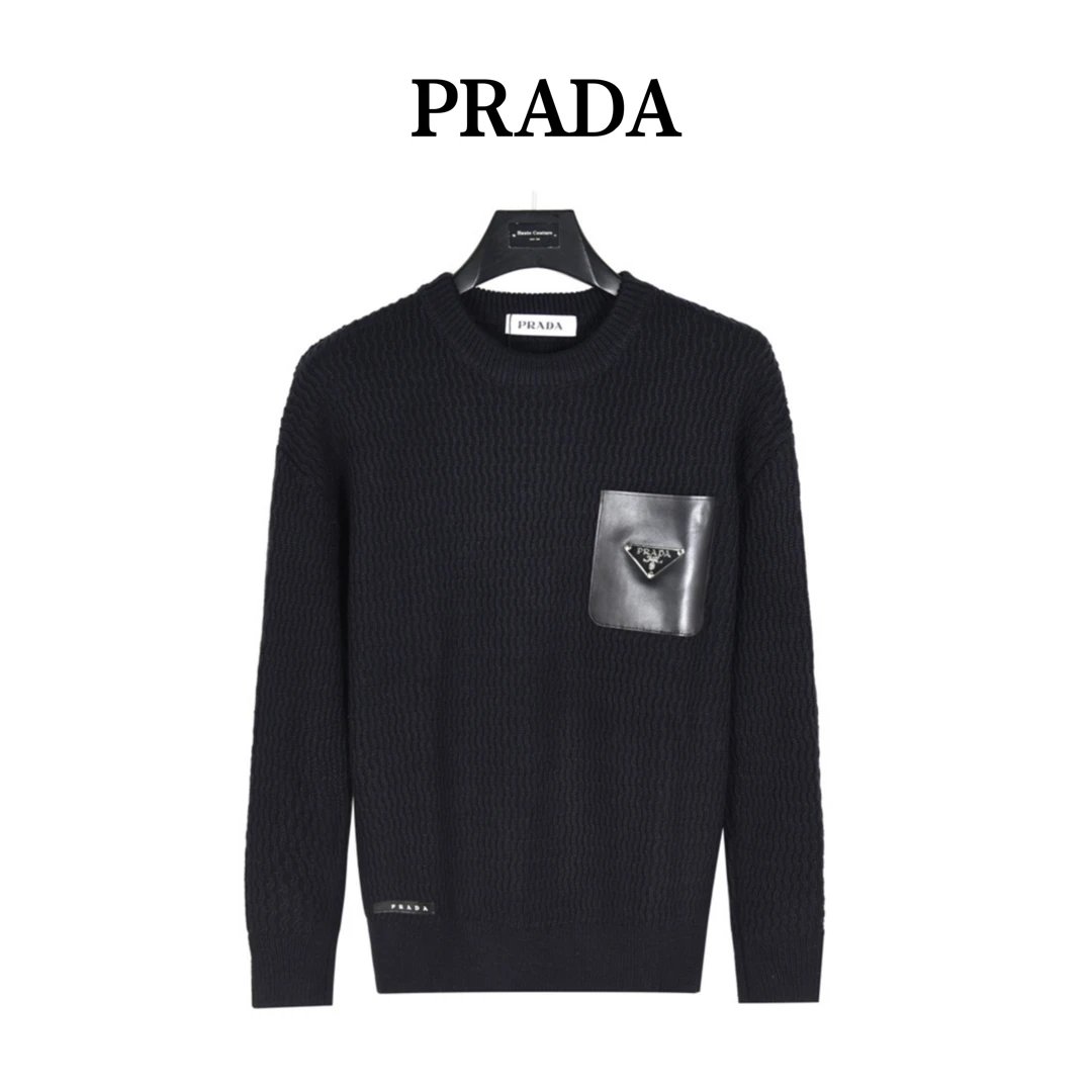 Prada Logo Patch Ribbed Knit Sweater Black - 16
