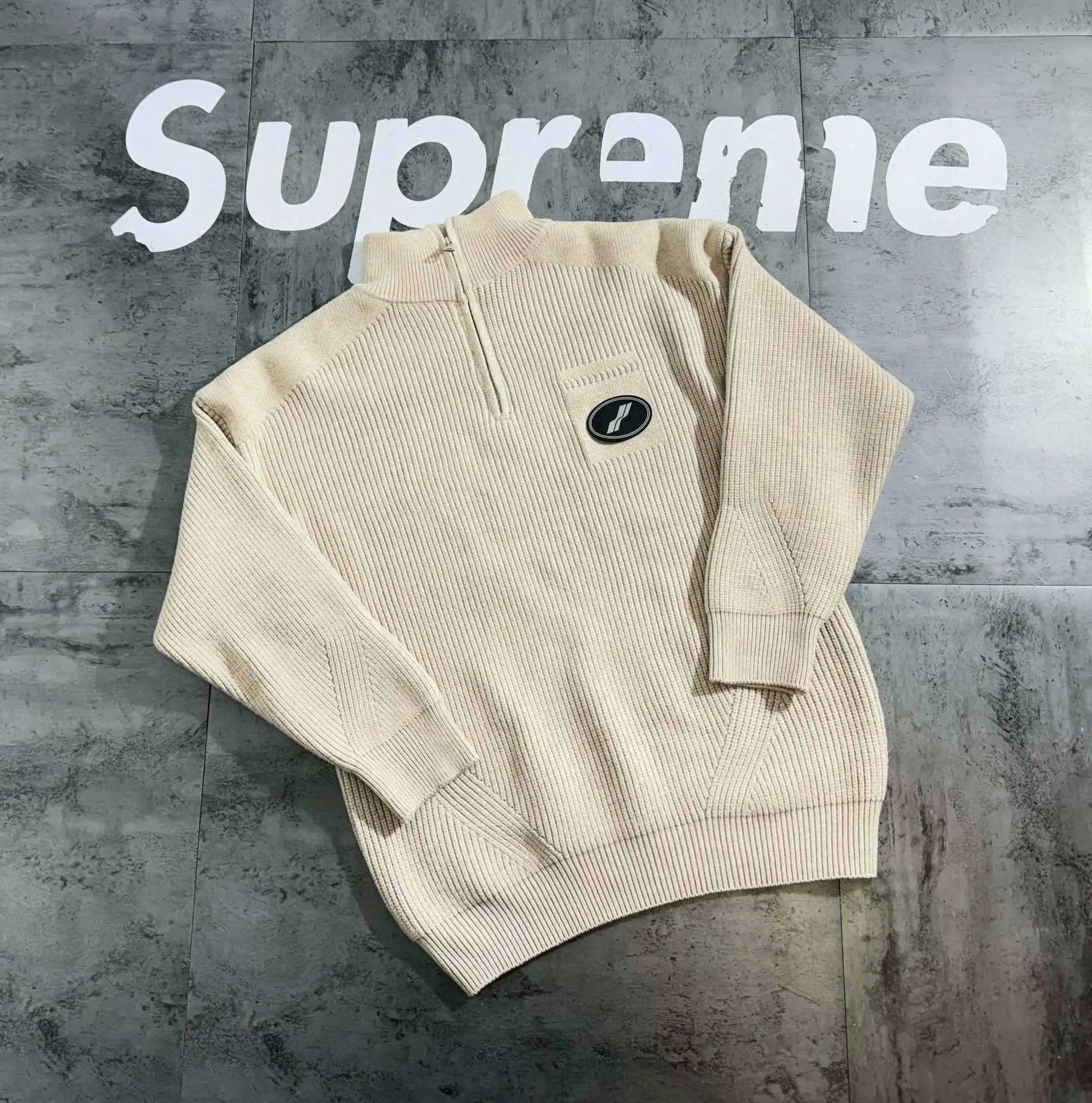 Supreme Half-Zip Ribbed Knit Sweater Beige