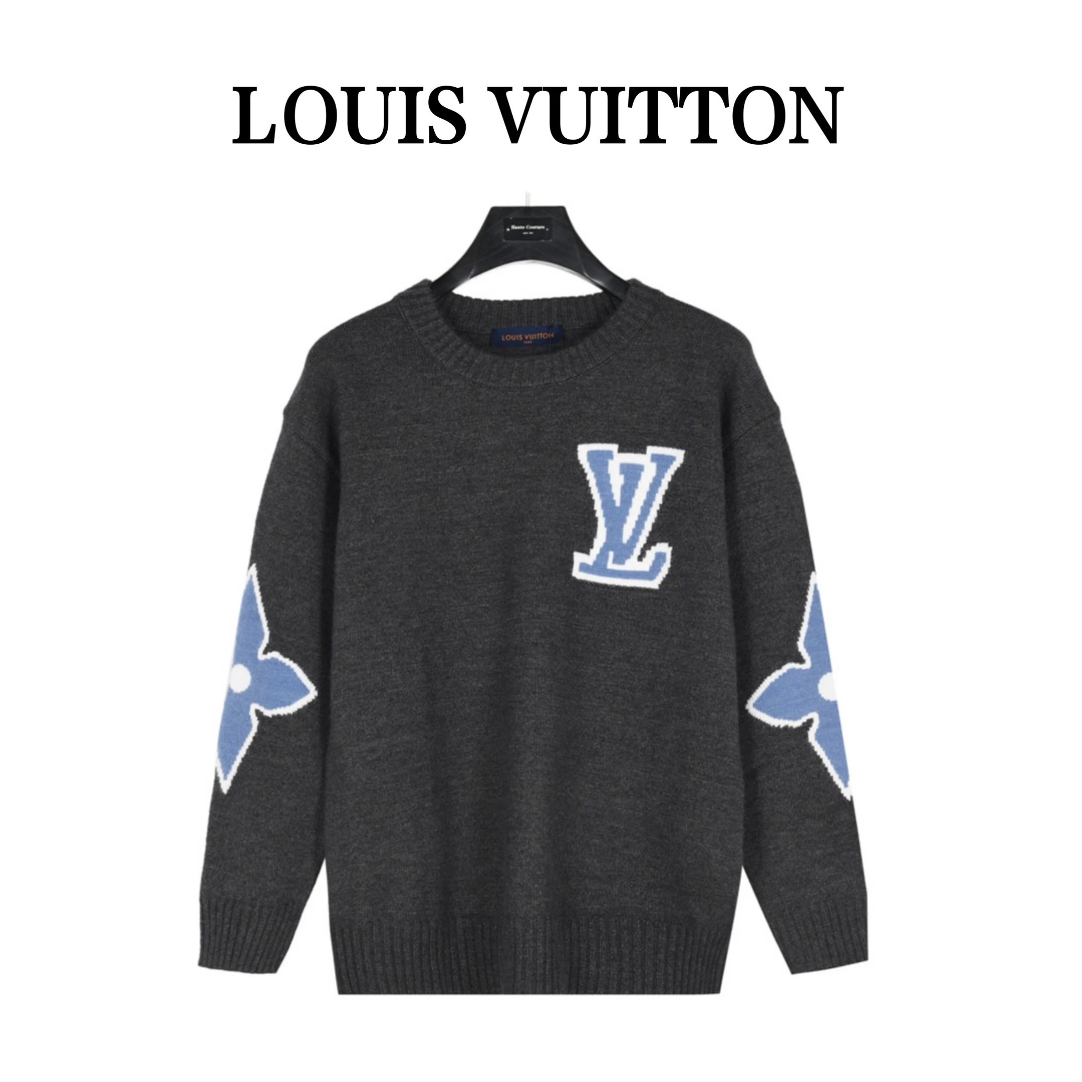Louis Vuitton Monogram Knit Sweater Charcoal Gray with Blue LV and Flower Motifs - 1