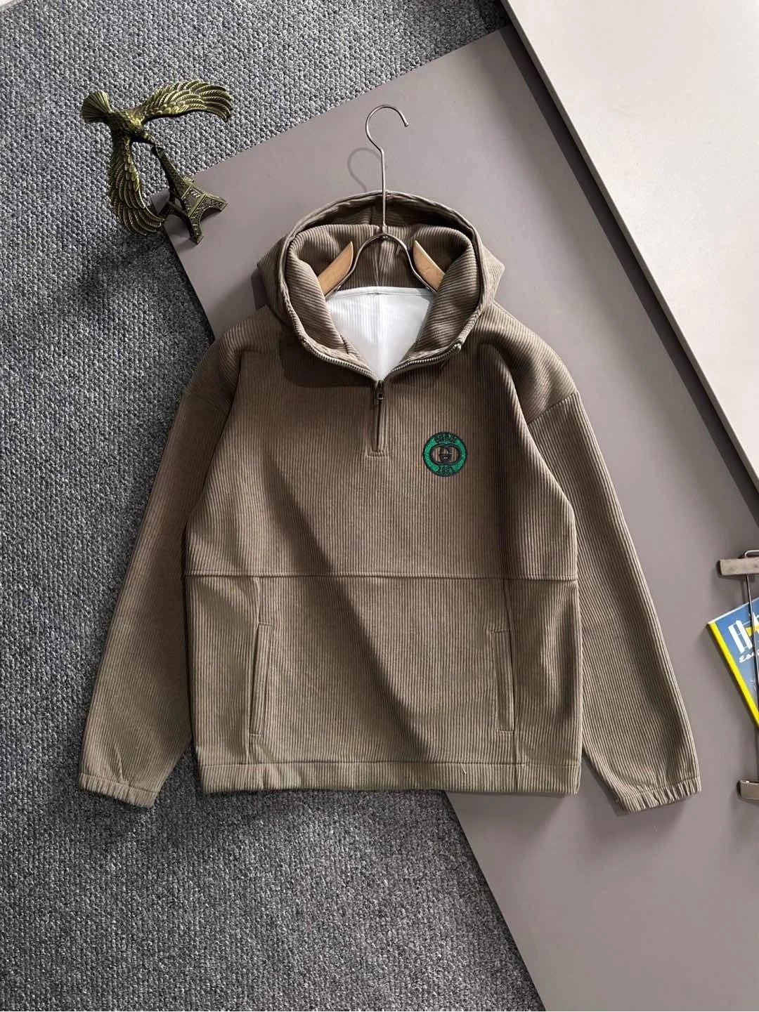 Design Zip-Up Hoodie Gray with Gold Embroidered Logo - 11