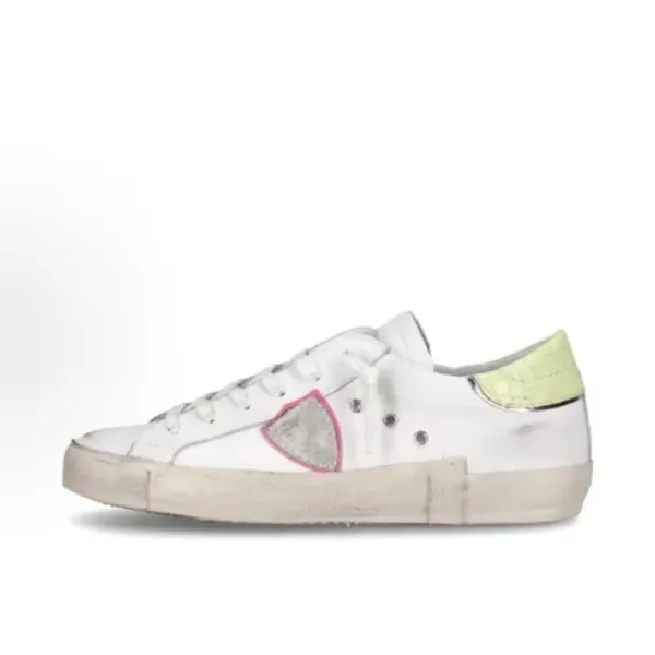 Philipp Plein Distressed White Leather Sneakers with Blue Heel Tab - 9