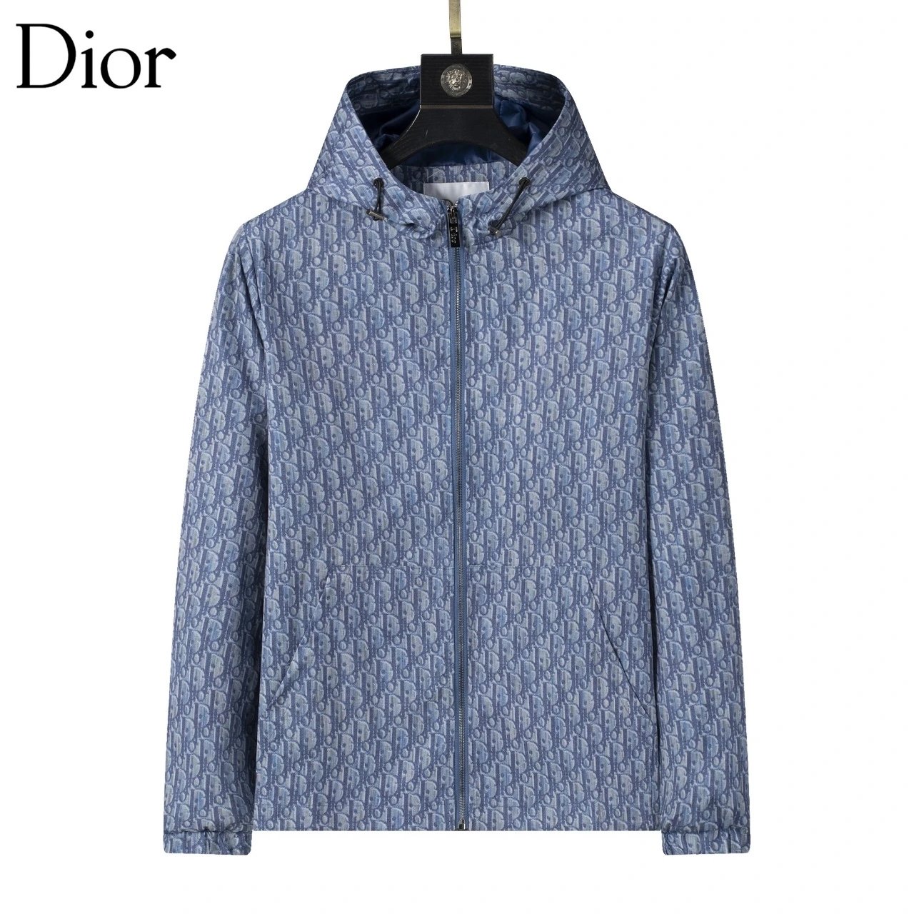 Dior Oblique Print Hooded Windbreaker Jacket in Navy and White Outerwear - 4