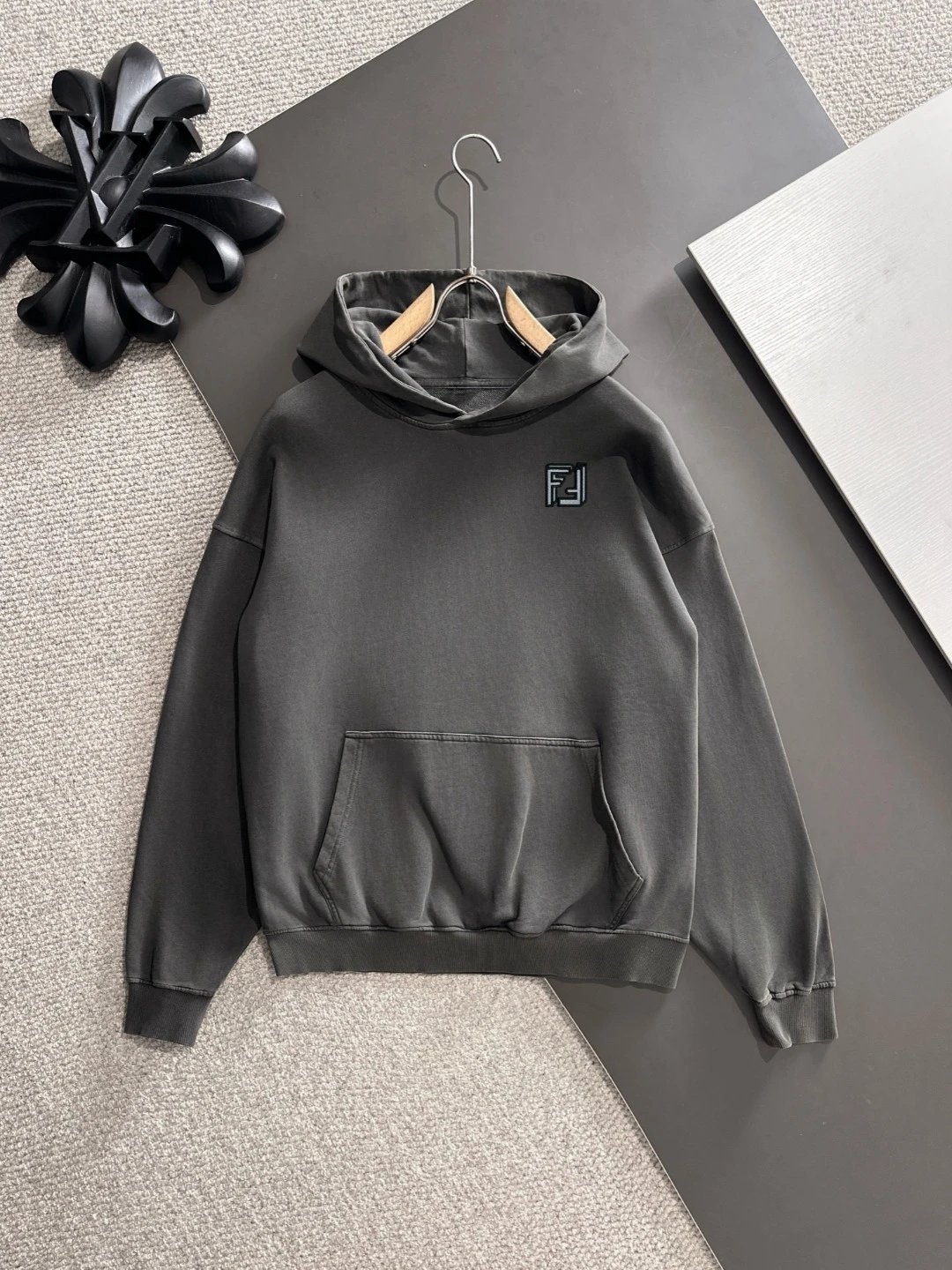Design Zip-Up Hoodie Gray with Gold Embroidered Logo - 16