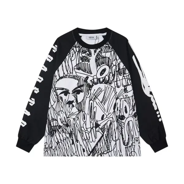 Design Tibetan T-Shirt Black and White Graphic Long Sleeve Raglan Top T-Shirts - 1