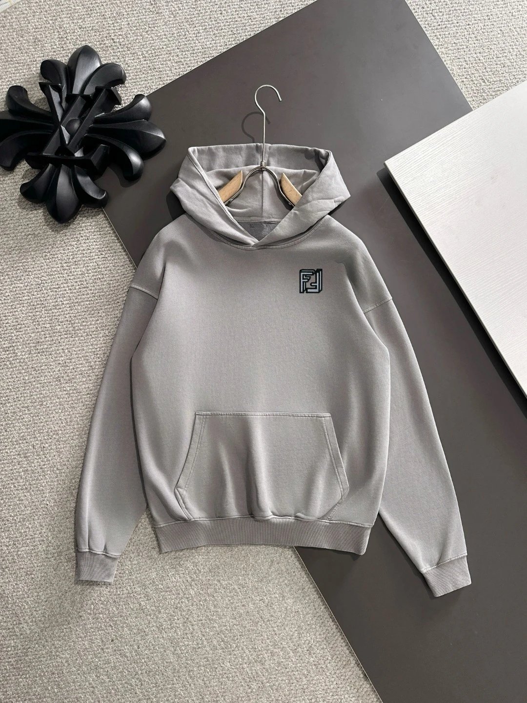 Design Zip-Up Hoodie Gray with Gold Embroidered Logo - 17