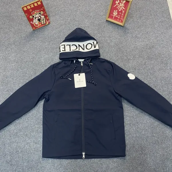Moncler Logo Hooded Windbreaker Navy Blue Outerwear - 1
