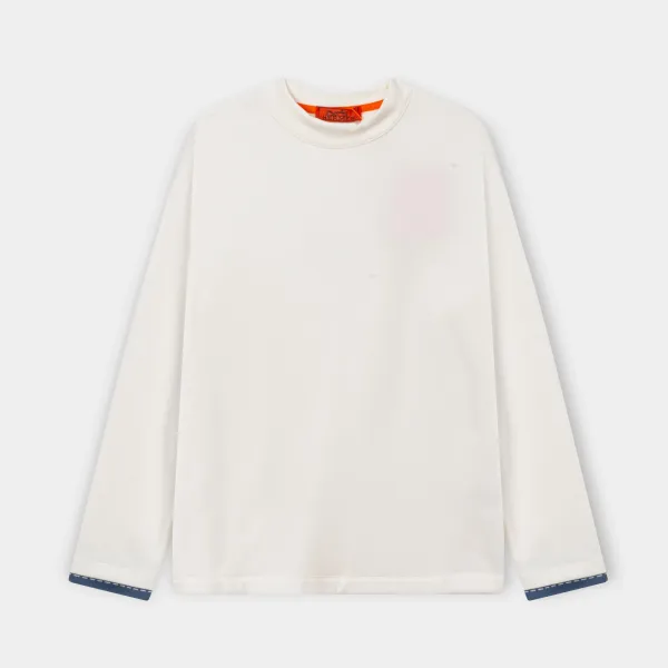 Hermès Long-Sleeve Crewneck Tee Off-White with Navy Cuffs T-Shirts - 1