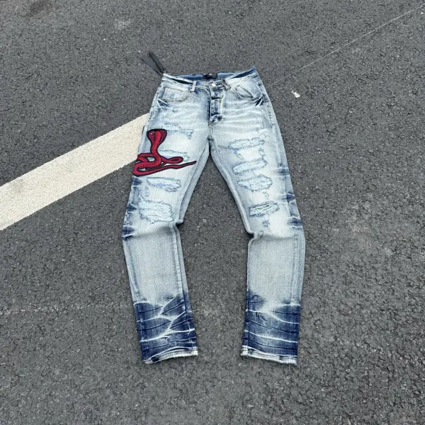 Amiri Snake Embroidery Distressed Slim Fit Jeans - 1