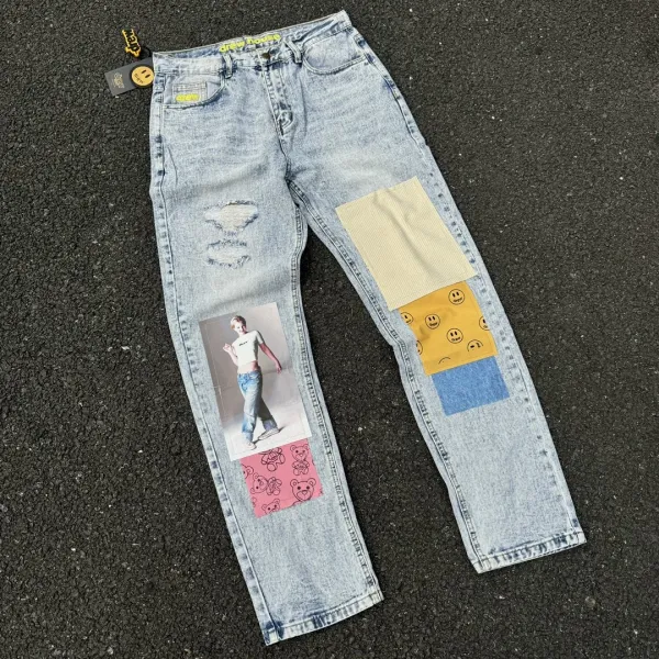 Drew House Patchwork Photo Print Distressed Light Wash Jeans - 1