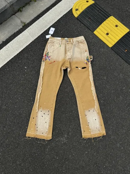 Gallery Dept Paint-Splatter Distressed Beige Jeans - 1