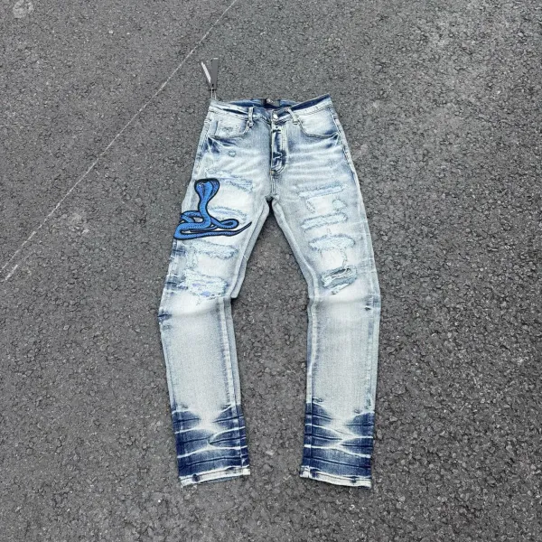 Amiri Snake Embroidery Distressed Slim Fit Jeans Blue - 1