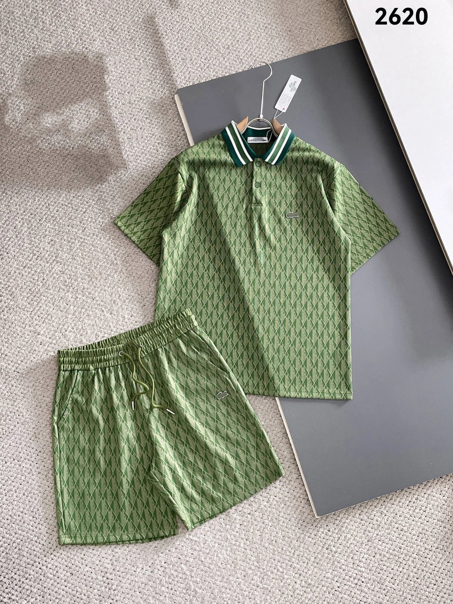 Lacoste Monogram Print Gray T-Shirt and Shorts Set - 16
