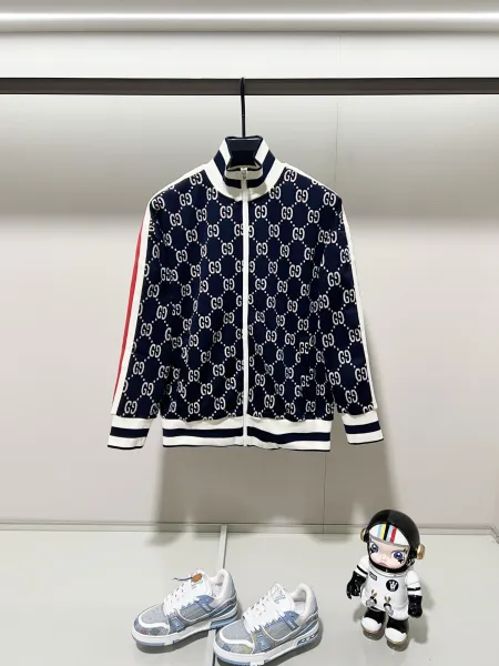 Gucci GG Monogram Track Jacket Navy Blue with Red Stripe Outerwear - 15