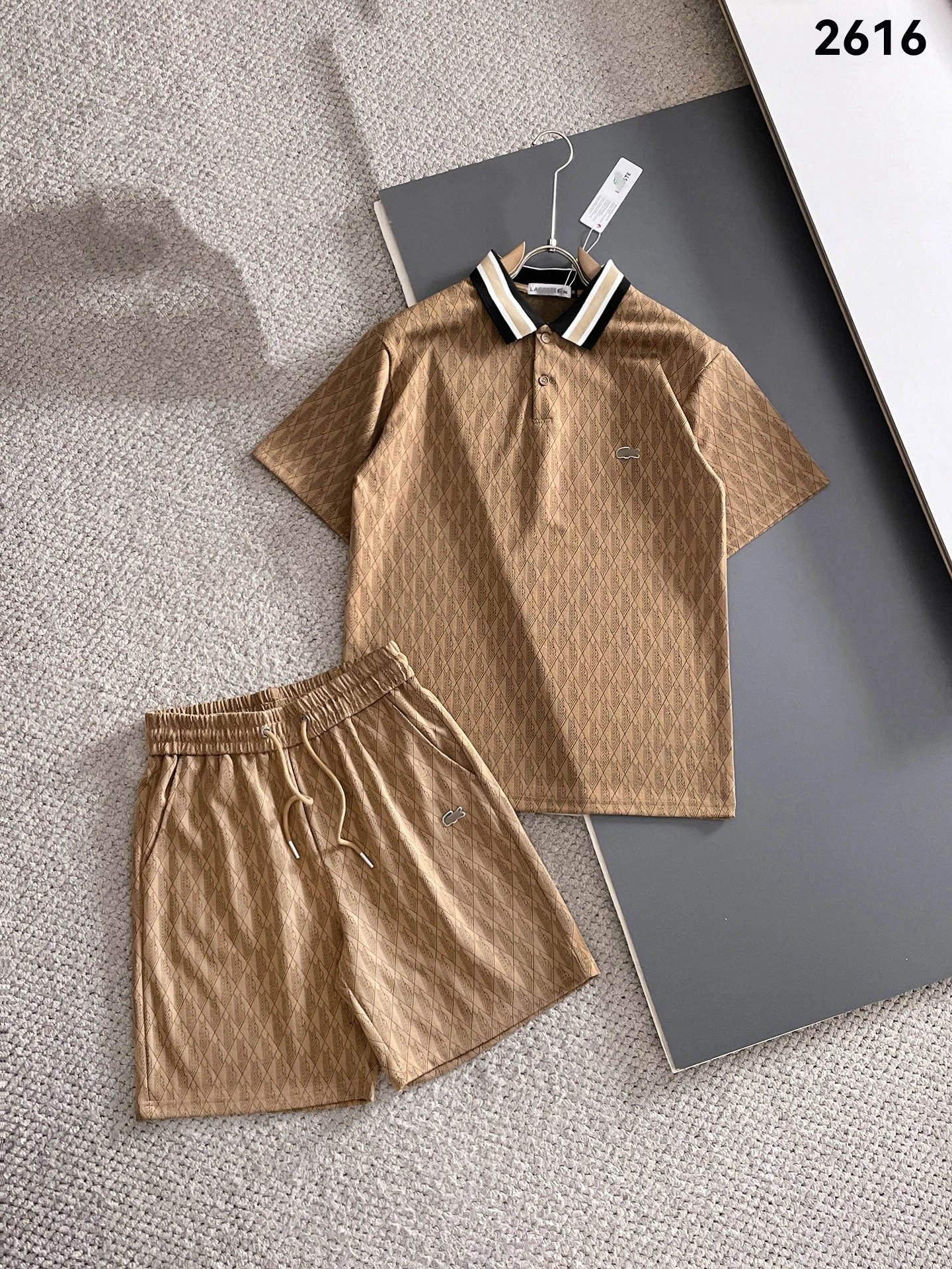 Lacoste Monogram Print Gray T-Shirt and Shorts Set - 15